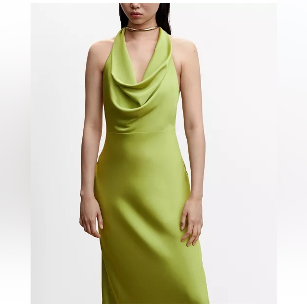 MANGO Draped Neck Satin Midi Dress